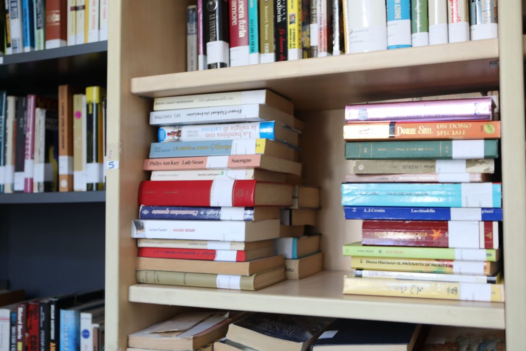 dettaglio di un scaffale con dei libri